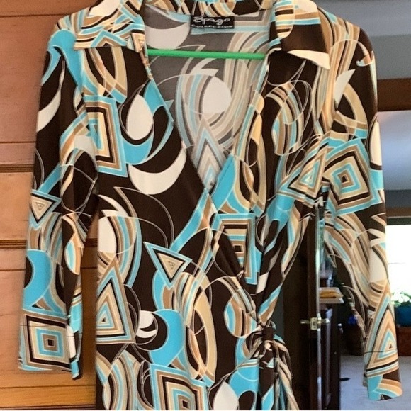 Spago Collection Brown Blue Beige Geometric Print Wrap Dress - Mod Style - Picture 1 of 2